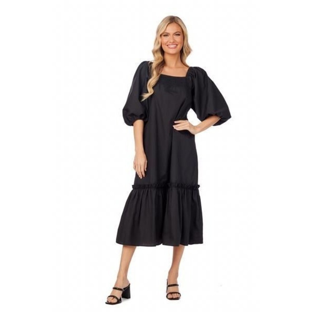 Mud Pie Women's Monet Tiered 3/4 Puff Sleeves Midi Dress - Black - Small
